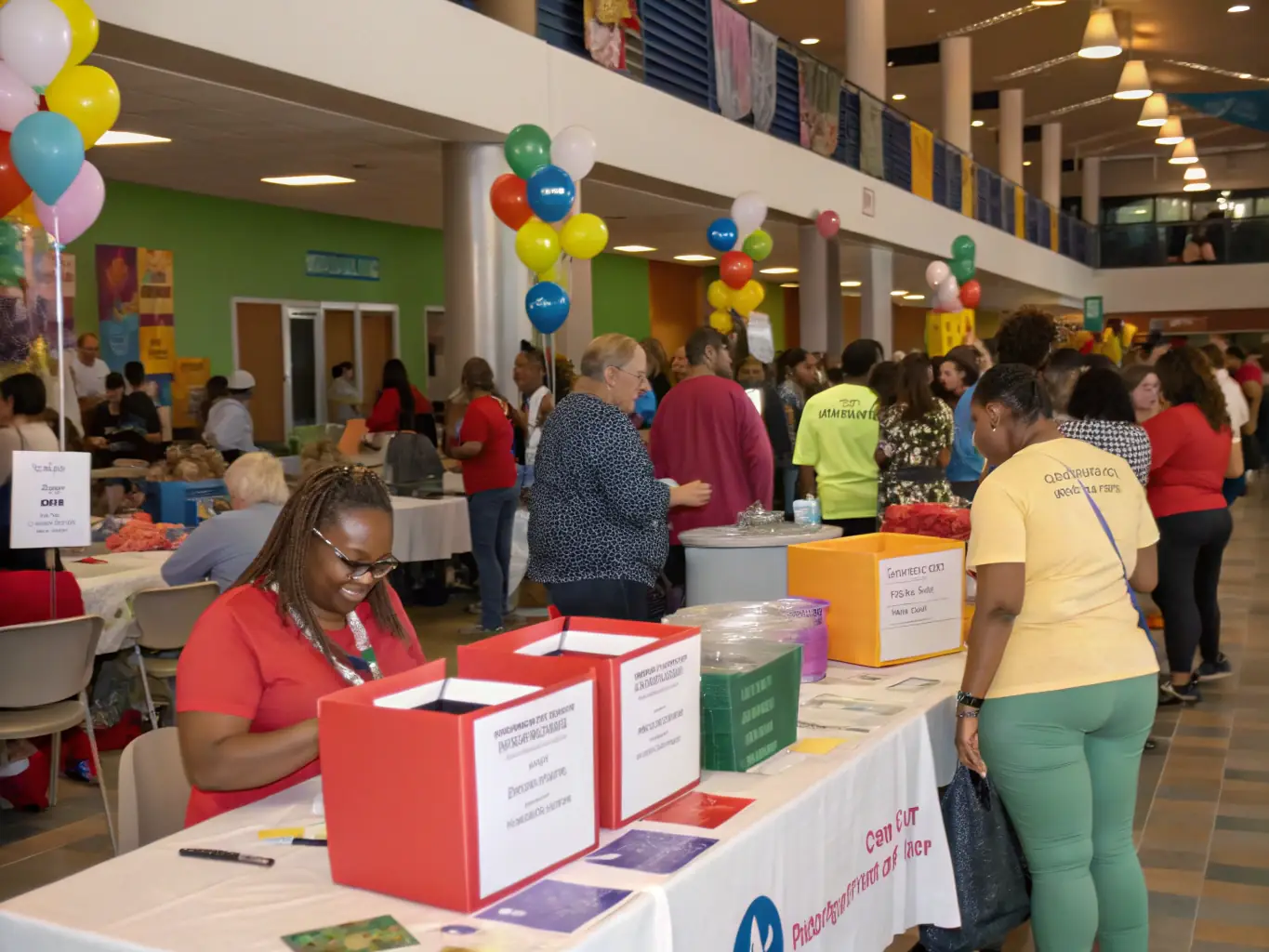 A photo of a charity fundraising event with enthusiastic participants and donation stations, illustrating Cause Exposure's fundraising strategies.
